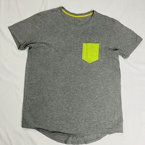 GUESS Men's Longline Pocket Tee Gray Neon Yellow Curved Hem Size M